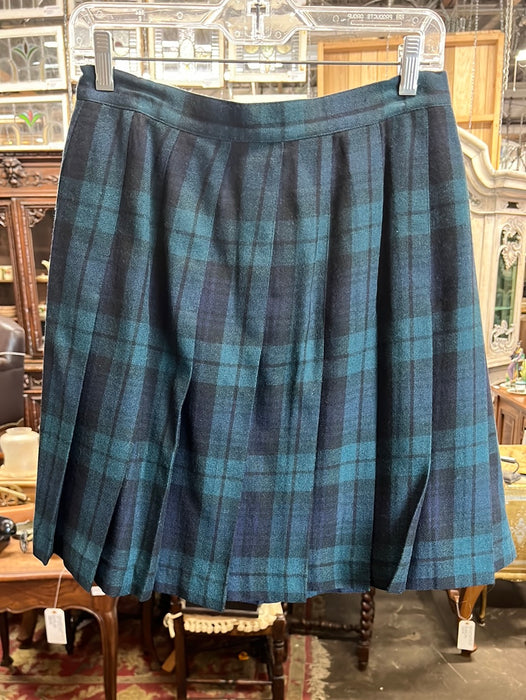 VINTAGE GREEN PLAID WOOL PLEATED SKIRT