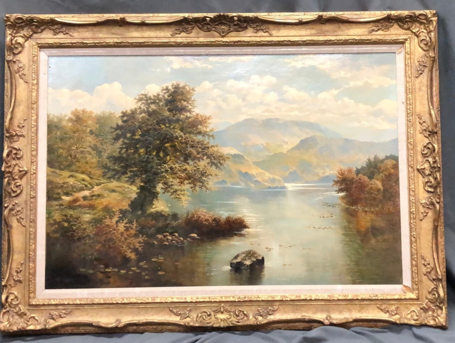 SCOTTISH LANDSCAPE OIL PAINTING WITH MOUNTAINS AND LAKE SIGNED SPINKS