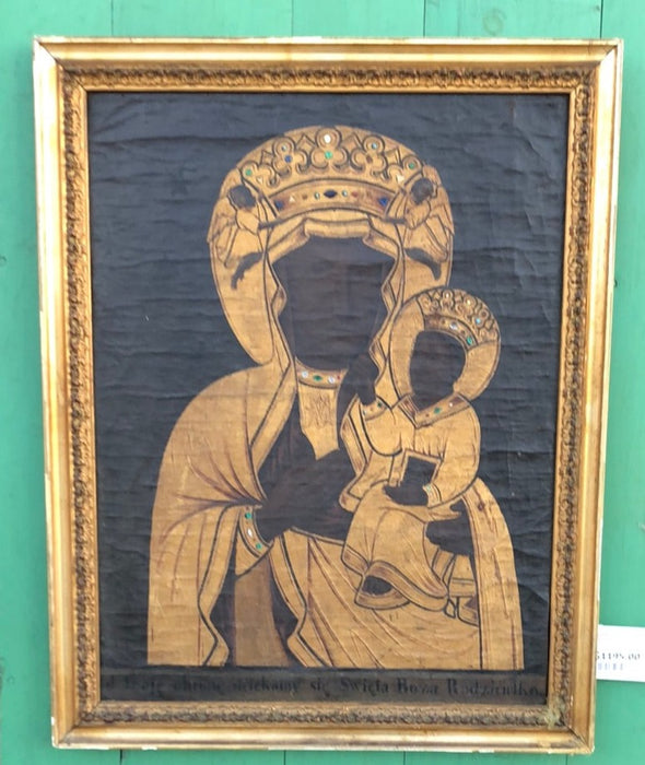 BLACK AND GOLD BEJEWELED MADONNA AND CHILD 18TH C. OIL PAINTING ON CANVAS