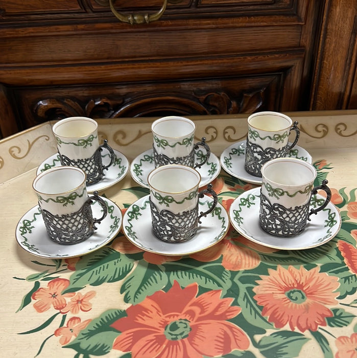 SET OF 6 CRESCENT ENGLISH TINY COFFEE CUPS WITH METAL HOLDERS AND SAUCERS