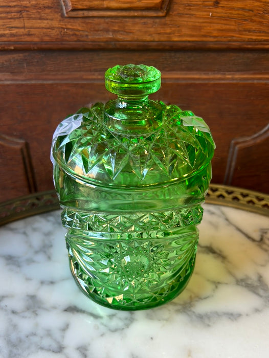 SMALL GREEN IMPERIAL CUT GLASS JAR