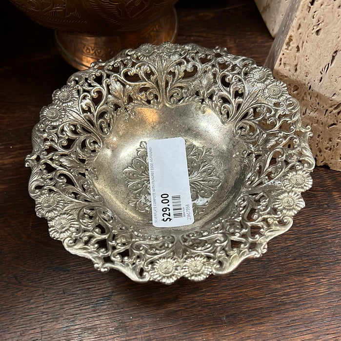 SILVERPLATE COMPOTE WITH FILAGREE EDGE-AS FOUND