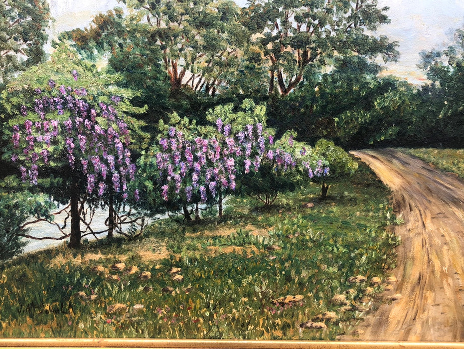 OIL PAINTING OF A COUNTRY ROAD WITH PURPLE FLOWERING TREES