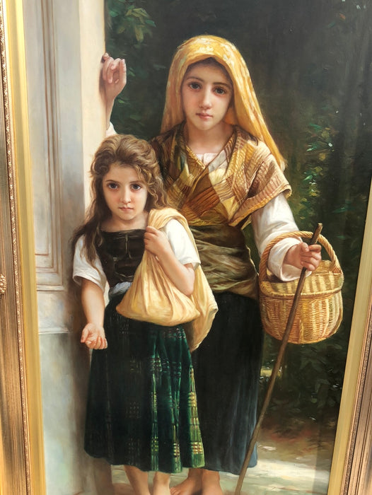 FRAMED OIL PAINTING OF 2 GIRLS WITH BASKET-STYLE OF BUCHERO