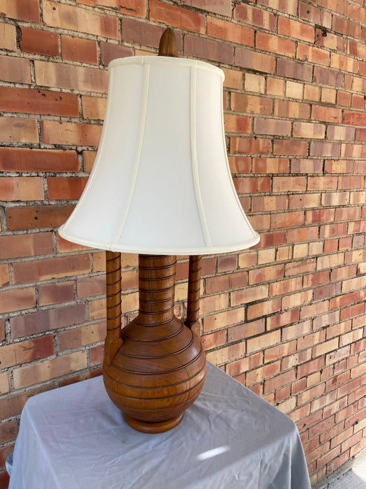 WOOD TURNED LAMP WITH BRASS WIRE - AS IS