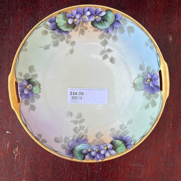 HANDPAINTED FLORAL TRAY WITH GOLD TRIM AND PURPLE VIOLAS