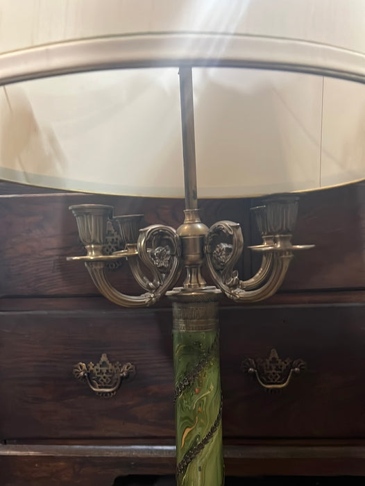 PAIR OF TALL FRENCH STYLE FAUX GREEN MARBLE AND BRONZE LAMPS