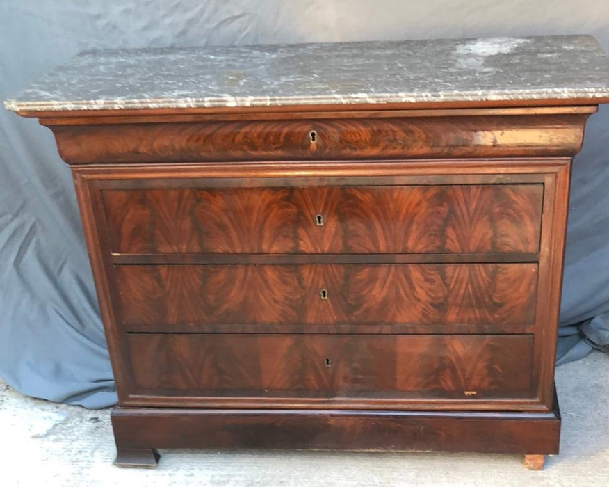 MARBLE TOP LOUIS PHILIPPE FLAME MAHOGANY COMMODE