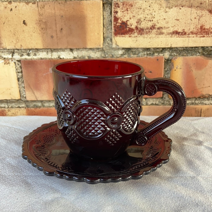 RUBY GLASS CUP AND SAUCER