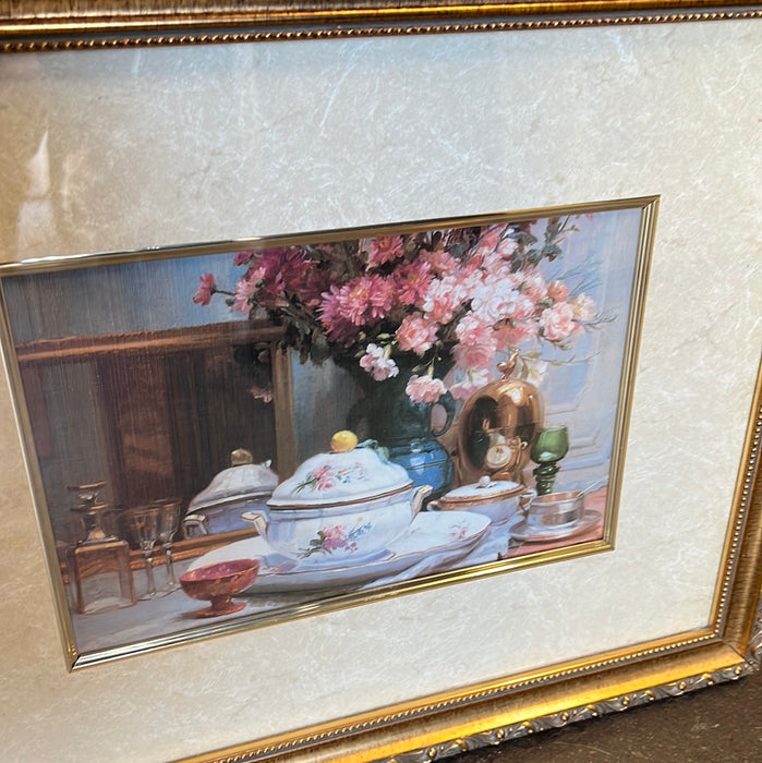 FRAMED PASTEL AND GOLDEN STILL LIFE PRINT WITH PINK FLOWERS AND PORCELAIN