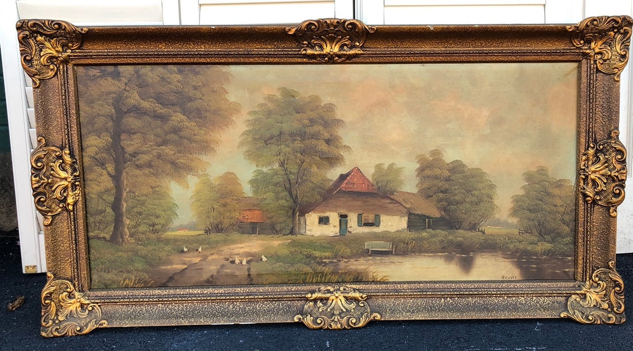 BUCOLIC OIL PAINTING WITH COTTAGE AND DUCKS