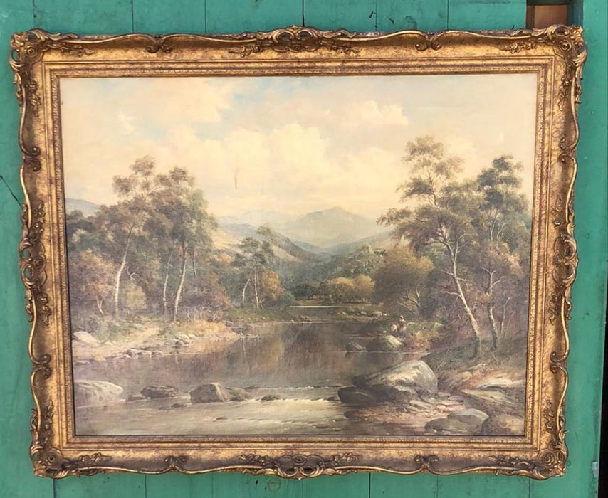 ORNATE FRAMED LANDSCAPE OIL PAINTING OF RIVER AND MOUNTAINS WITH COUPLE FISHING