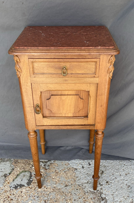 LOUIS XVI MARBLE TOP WALNUT SMALL CABINET WITH BELLFLOWER ACCENTS