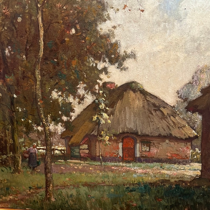 THATCHED COTTAGE OIL PAINTING ON BOARD ALFRED VAN NESTE