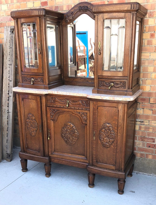 DECO FRUIT CARVED OAK MARBLE TOP CHINA BUFFET