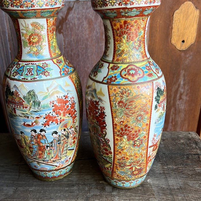 PAIR OF POLYCHROME JAPANESE VASES