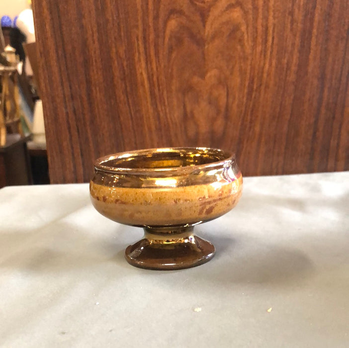 SMALL COPPER LUSTER FOOTED DISH ONE OF TWO