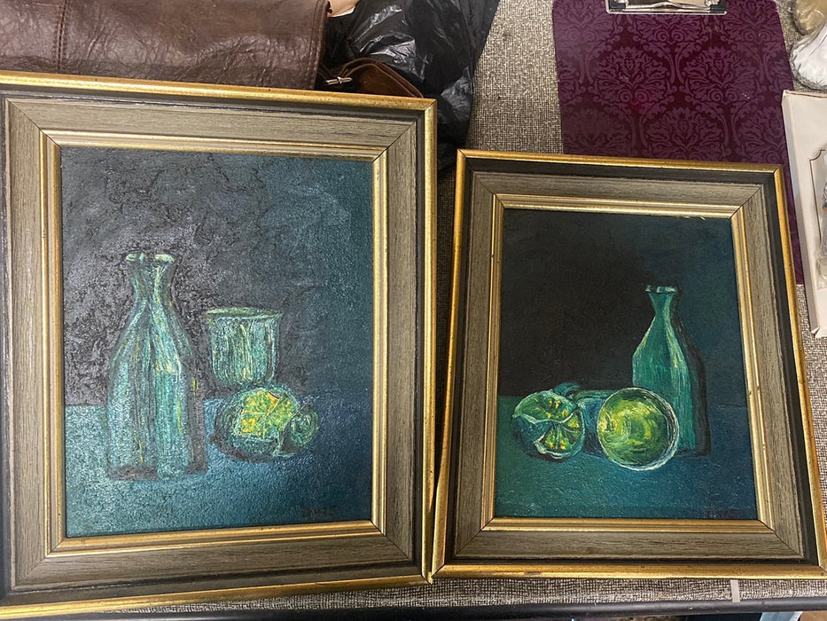 PAIR OF VINTAGE BLUE/GREEN STILL LIFE OIL PAINTINGS