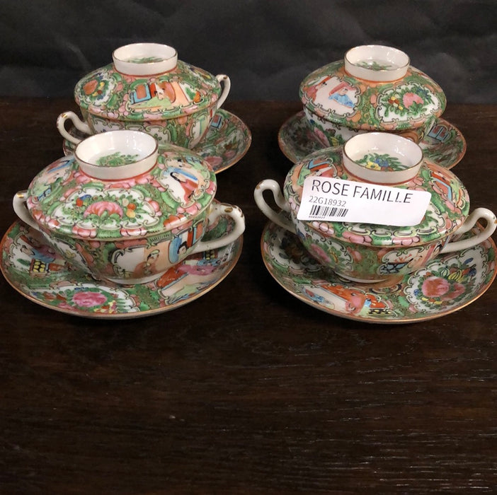 SET OF FOUR ROSE FAMILLE BULLION CUPS WITH LIDS