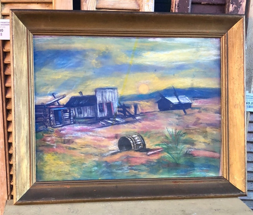 CHALK PAINTING OF DILAPIDATED TOWN SIGNED