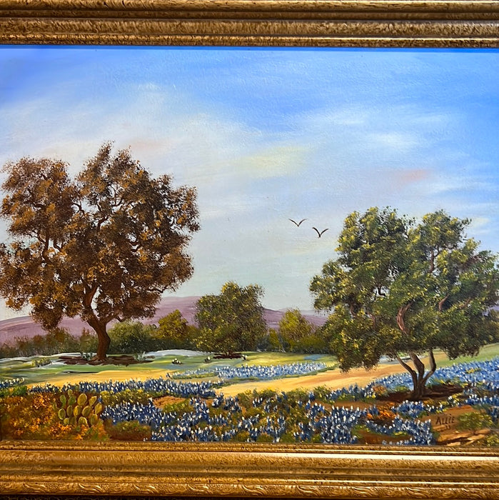 FRAMED OIL PAINTING WITH TREES AND BLUE BONNETS SIGNED ALLIE