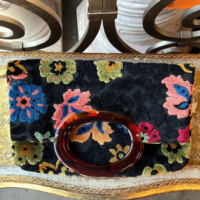 FLORAL VELVET FOLDABLE CLUTCH PURSE WITH ACRYLIC HANDLES