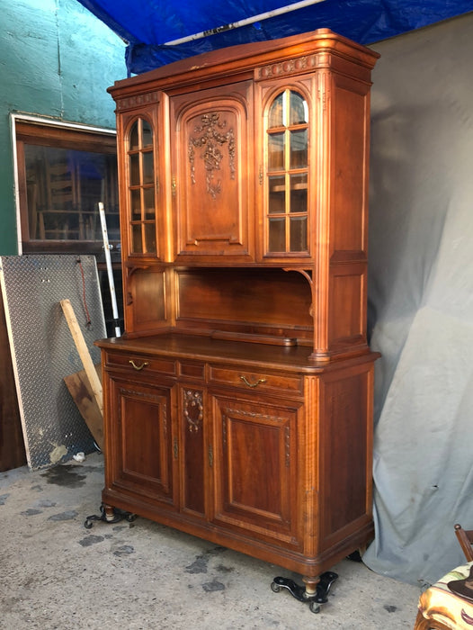 AS FOUND LOUIS XVI WALNUT BUFFET WITH BEVELED GLASS WITH FLORAL BOUQUET