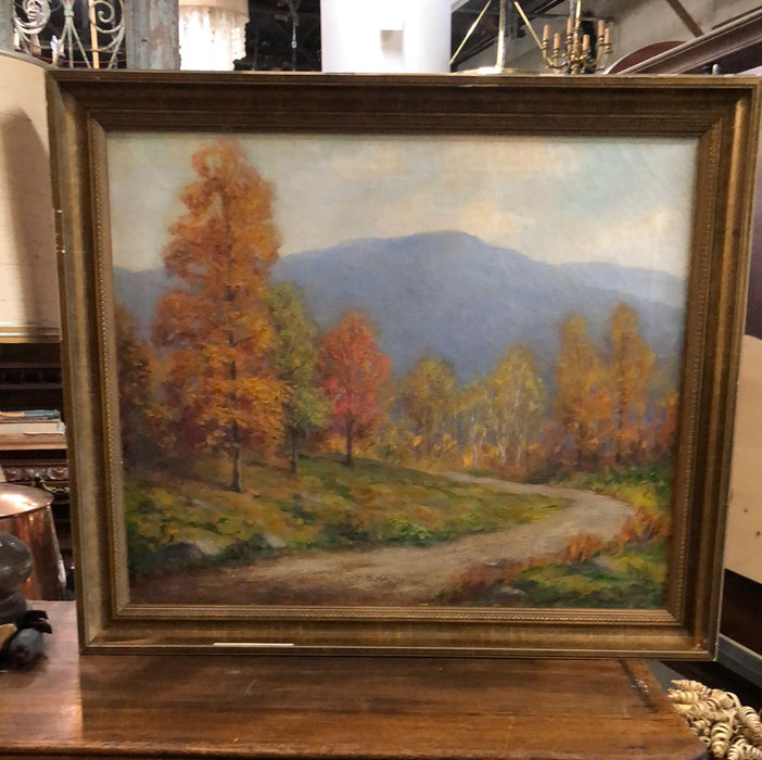 FRAMED AUTUMN ROAD WITH MOUNTAINS OIL PAINTING  ON CANVAS