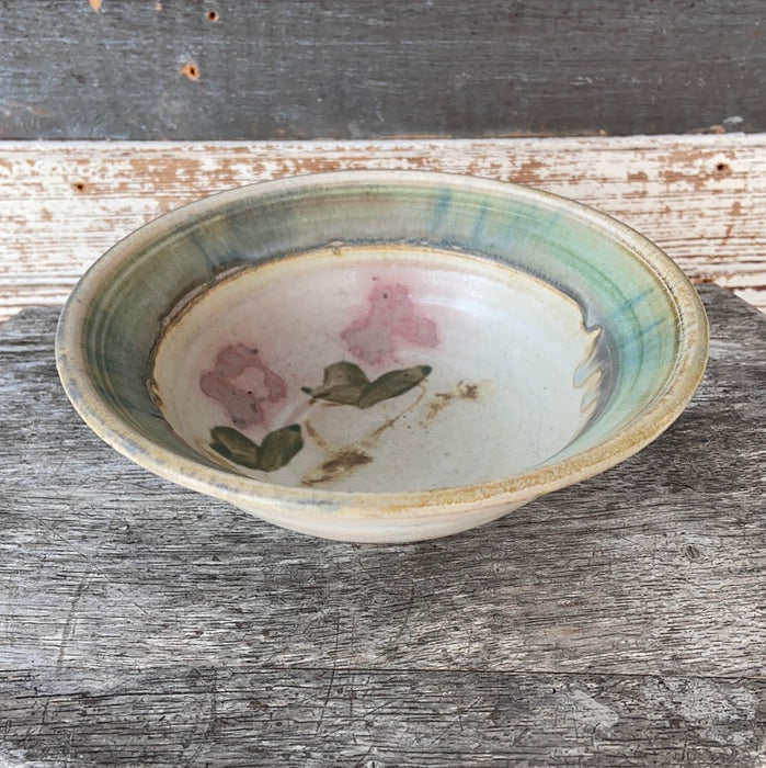 70'S ART POTTERY FLORAL BOWL WITH GREEN BAND