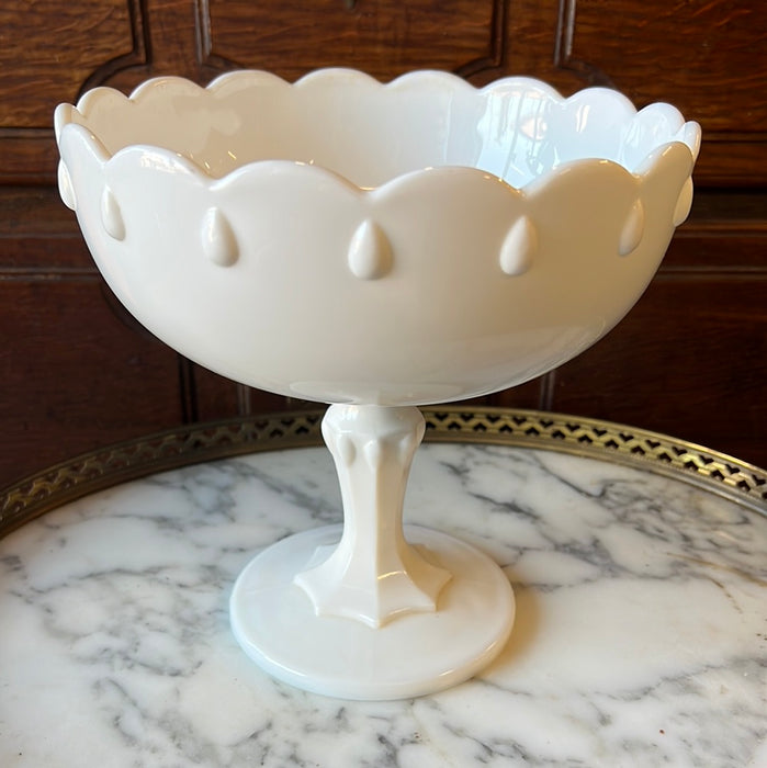 SCALLOP EDGE AND TEAR DROP MILK GLASS COMPOTE