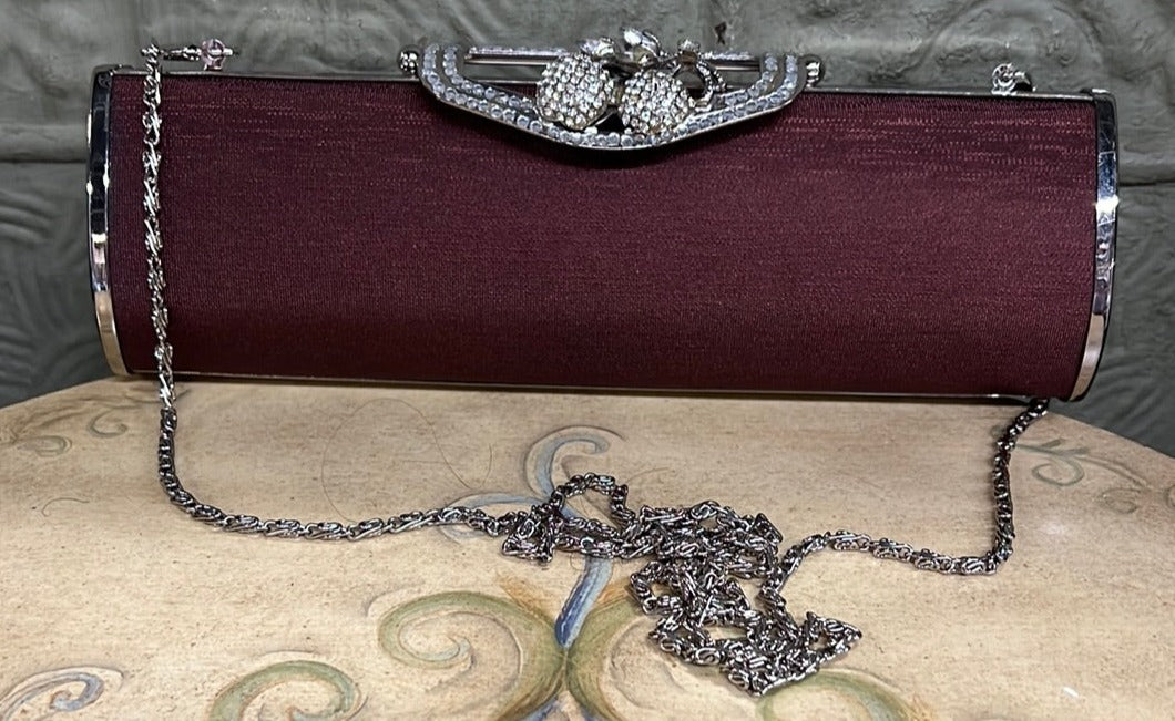 HARD CASE WITH BURGUNDY FABRIC AND RHINESTONES PURSE