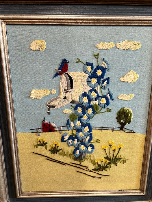 FRAMED NEEDLEPOINT OF MAIL BOX FLOWERS AND BIRD