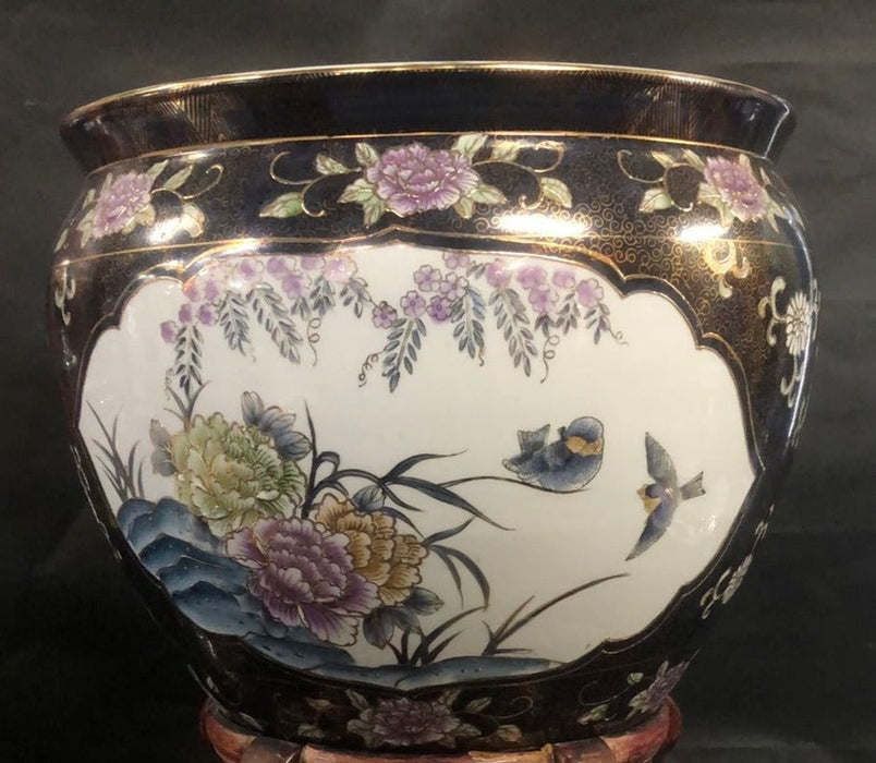 LARGE DARK BLUE CHINESE PLANTER WITH BIRD