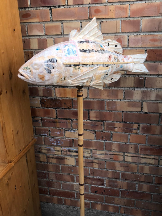 CANE POLE FLOOR LAMP WITH FISH SHADE