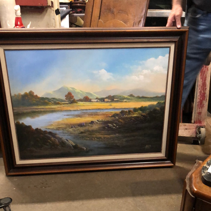 LARGE LANDSCAPE OIL PAINTING WITH MOUNTAINS AND A RIVER BY JERRY ARNELL