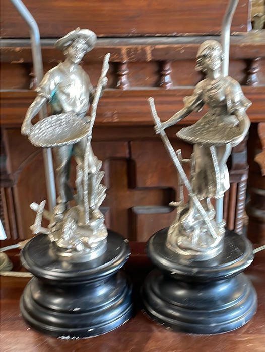 PAIR OF FIGURAL SILVER COLOR LAMPS WITH BLACK PLINTHS