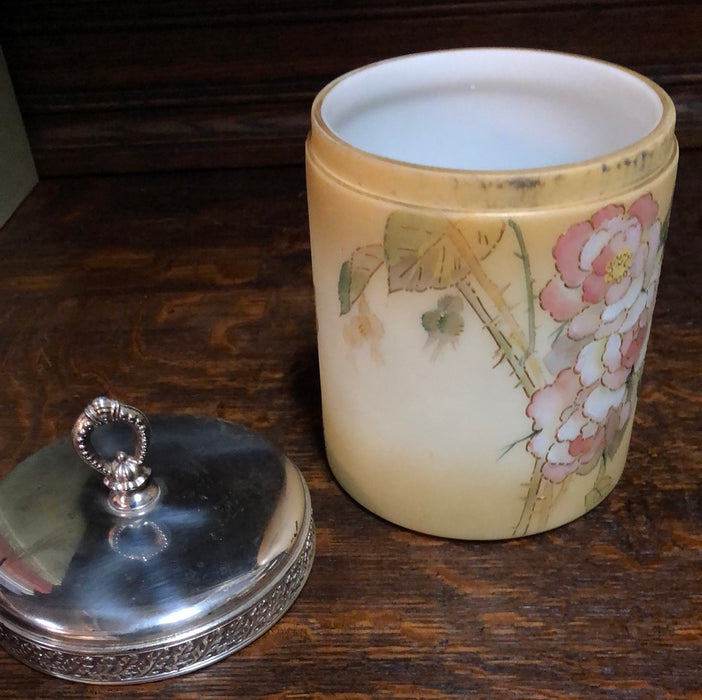 19TH C. SILVERPLATE AND GLASS PAINTED BISCUIT JAR