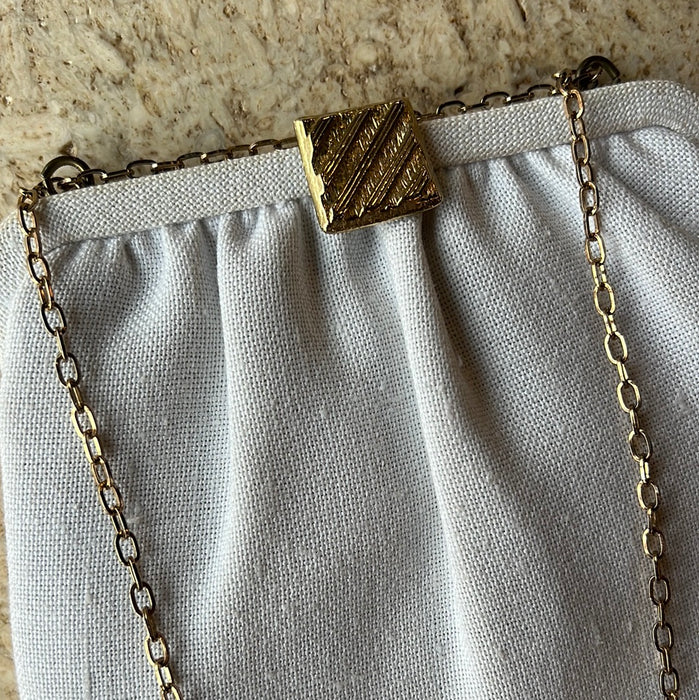 VINTAGE WHITE FABRIC PURSE WITH BRASS CLASP AND CHAIN