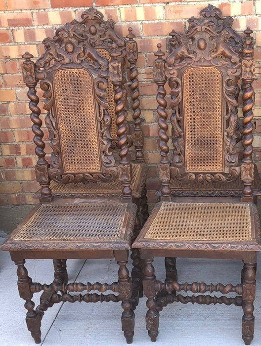 SET OF 6 LOUIS XIII CARVED LION CREST OAK BARLEY TWIST CHAIRS WITH CANED SEATS-AS FOUND