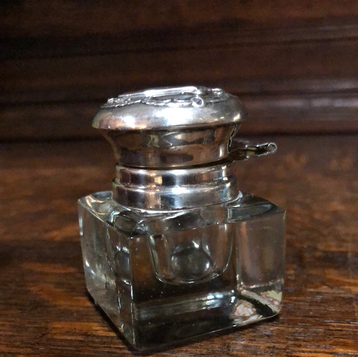 SMALL GLASS INKWELL WITH STERLING TOP