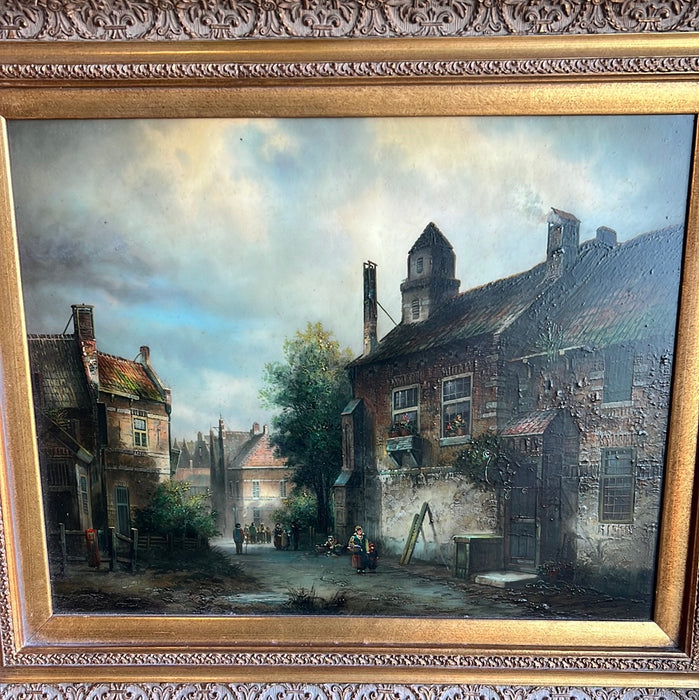 CITYSCAPE OIL PAINTING ON BOARD IN GOLD FRAME - NOT OLD