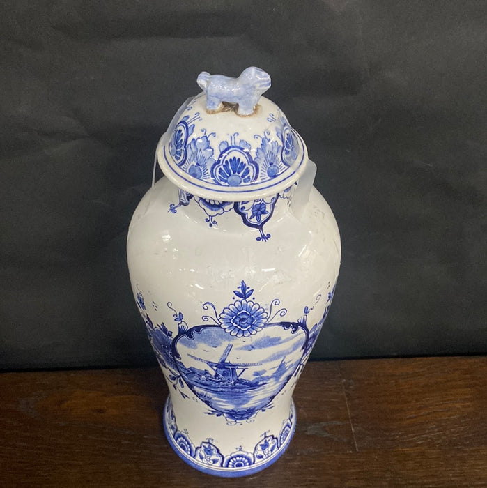 SMALL DELFT LIDDED URN WITH WINDMILL