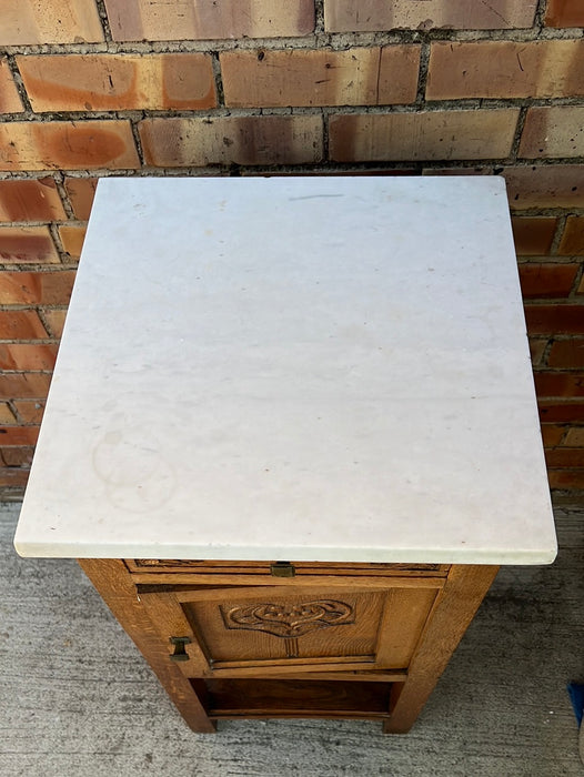 WHITE MARBLE TOP OAK NIGHT STAND