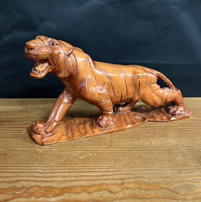 VINTAGE CARVED WOOD TIGER WITH GLASS EYES