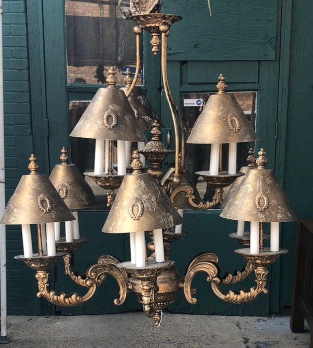 GILT METAL 8 LIGHT CHANDELIER WITH GILT METAL SHADES