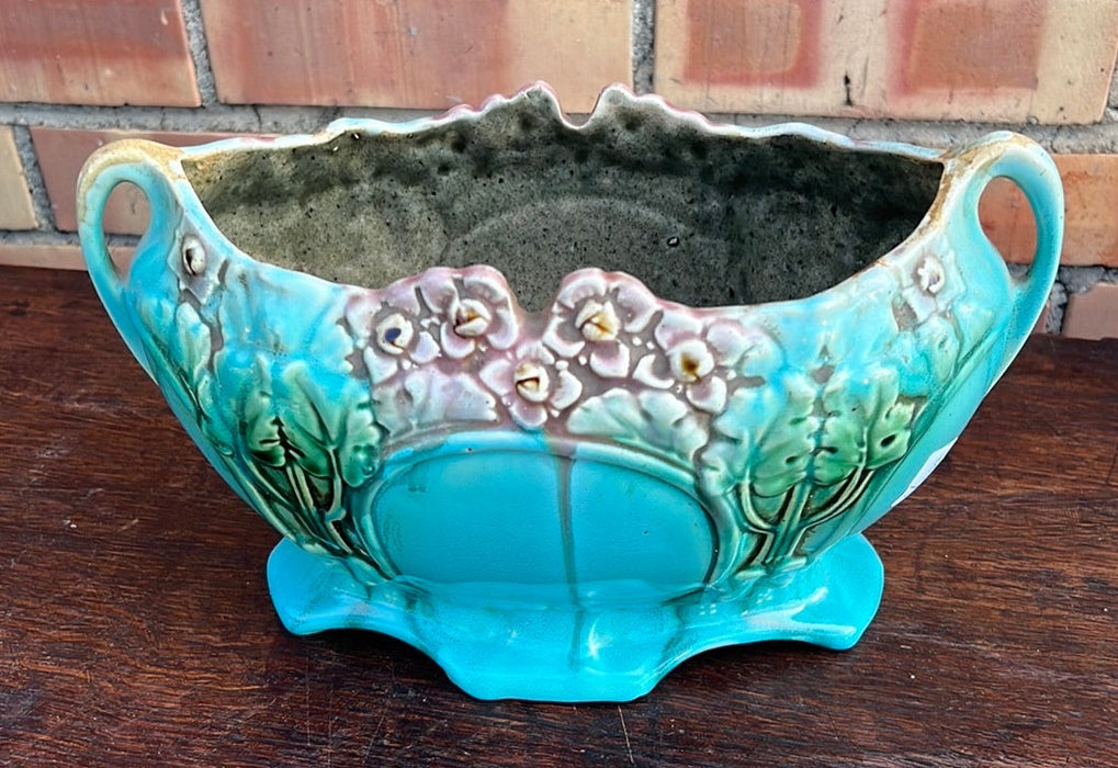 BLUE FLORAL OVOID MAJOLICA VASE