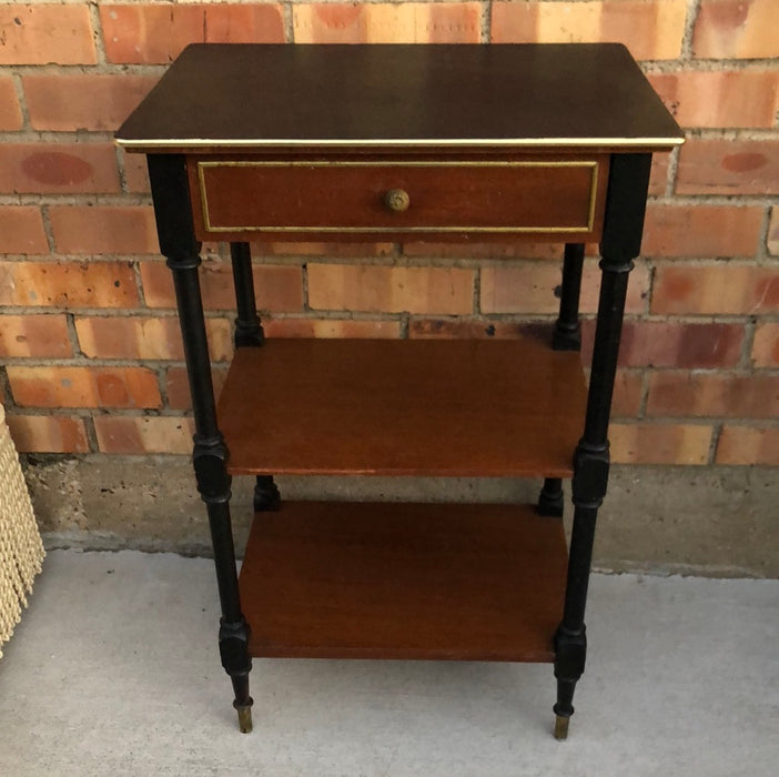SMALL LOUIS XVI BRASS TRIMED MAHOGANY AND EBONY 2 TIERED STAND