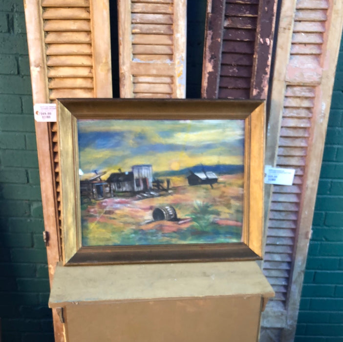 CHALK PAINTING OF DILAPIDATED TOWN SIGNED