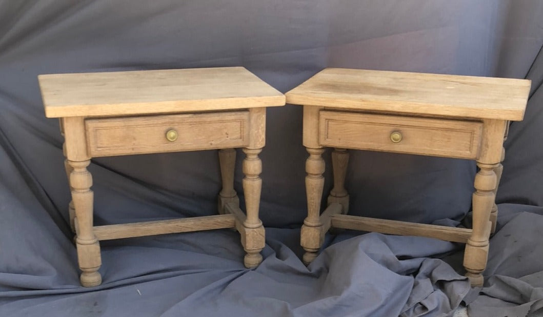 PAIR OF RAW RUSTIC OAK SIDE TABLES WITH DRAWERS