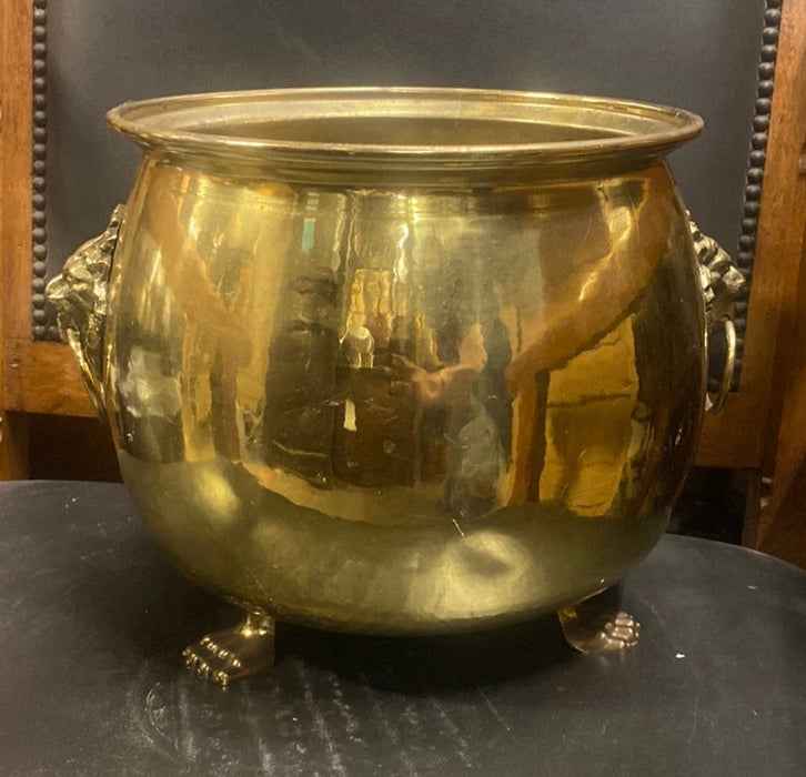 LARGE BRASS JARDINIERE WITH LION HEADS